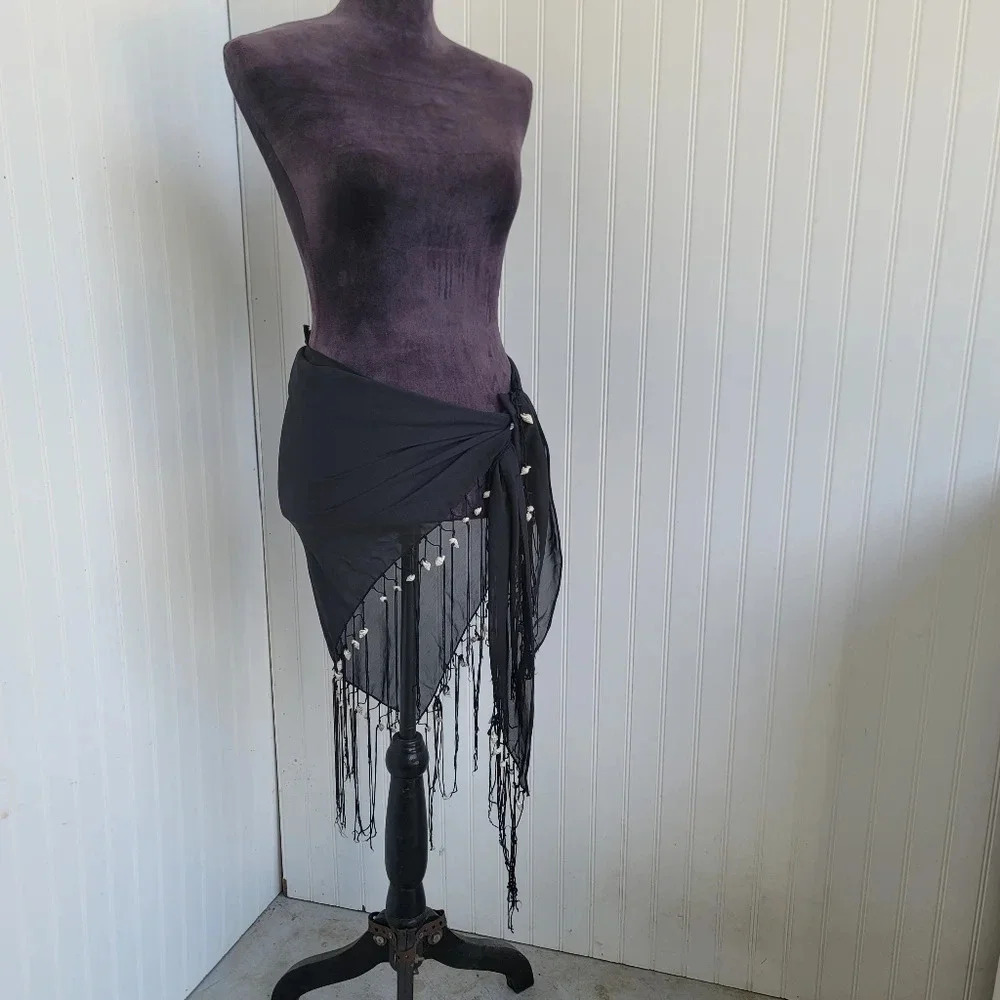 Cejon Womens Scarf Beach Wear Wrap Black Real Seashell  65” X 38”